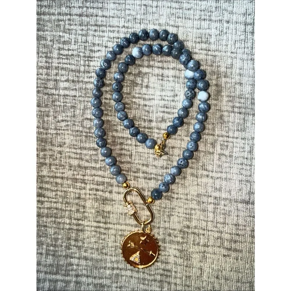 Gold Coin Pendant Necklace with Gray Beads